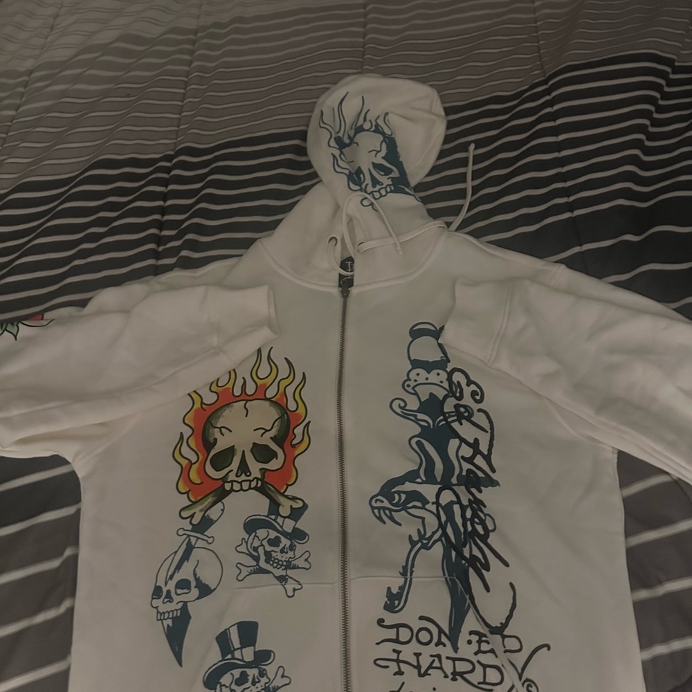 Ed Hardy White Hoodie with Skull and Flame Design